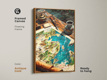 Framed canvas print of a fantasy world map with an antique gold floating frame. This ready-to-hang nautical map artwork enhances your decor. Find the perfect framed art to complement your home style today.