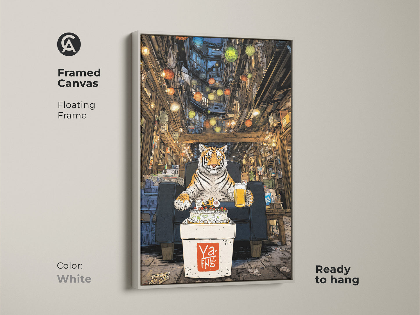 Framed canvas artwork shows a tiger celebrating a birthday in an urban alley. The floating frame is white. This ready to hang piece is a unique tiger print. It is perfect for animal lovers. The eclectic home decor adds vibrancy. The artwork uses orange and brown tones.
