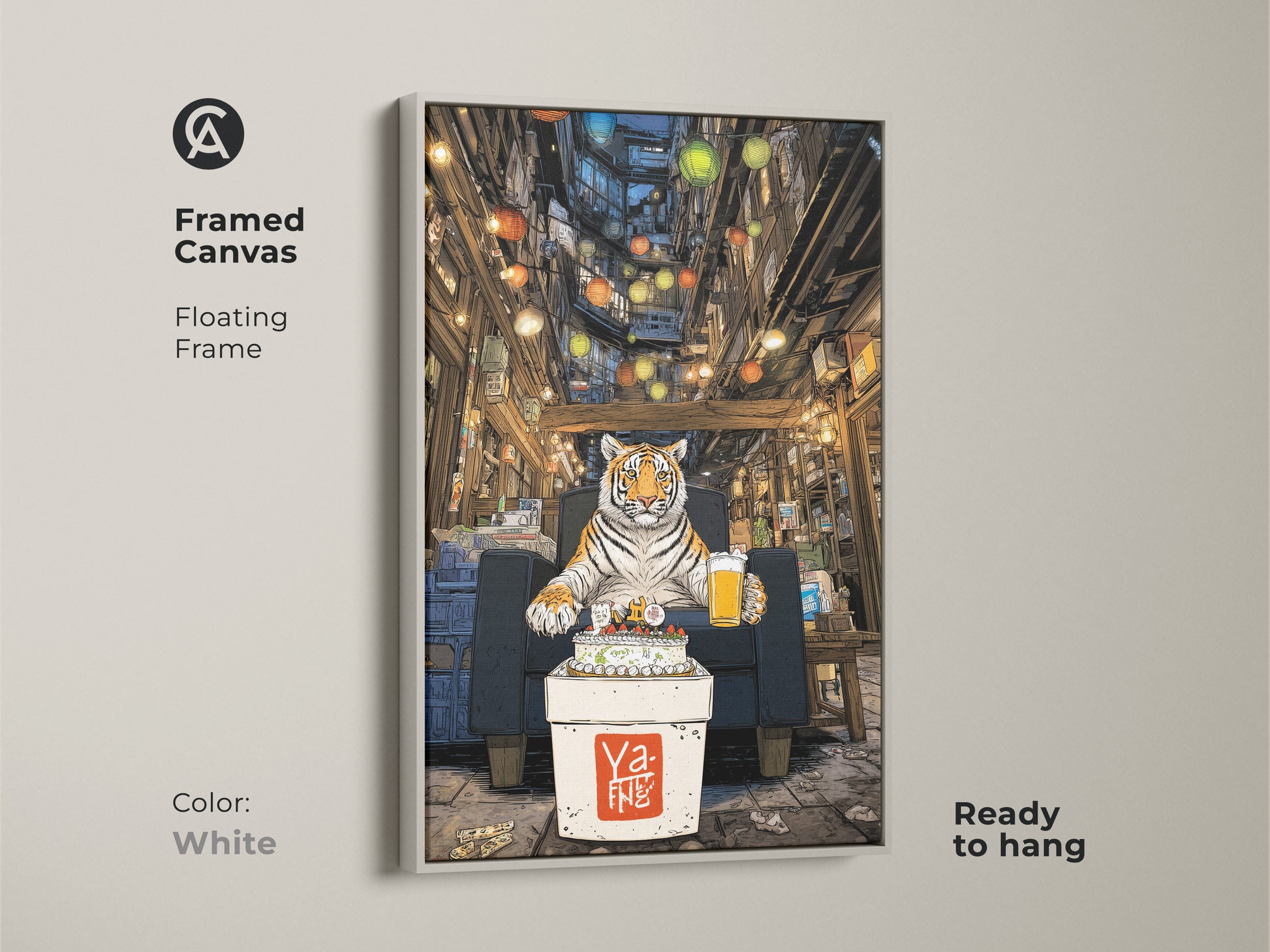 Framed canvas artwork shows a tiger celebrating a birthday in an urban alley. The floating frame is white. This ready to hang piece is a unique tiger print. It is perfect for animal lovers. The eclectic home decor adds vibrancy. The artwork uses orange and brown tones.