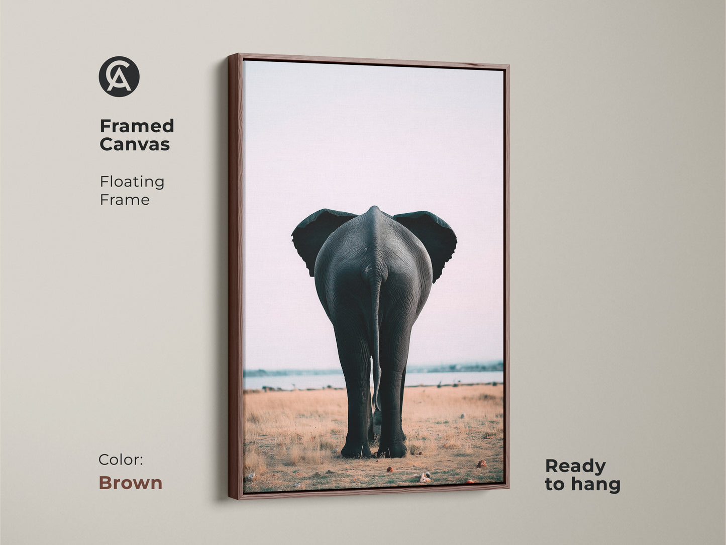 Brown framed canvas print of an elephant rear view. This safari wildlife canvas print is ready to hang. The floating frame enhances the photorealistic elephant art. The contemporary animal decor suits any space. This minimalist savanna art piece brings nature into your home. Perfect as a housewarming gift.