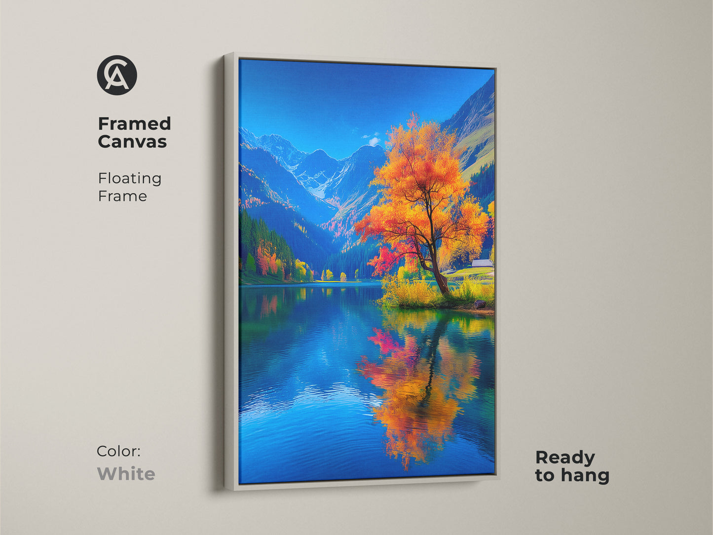 White framed canvas showcasing a serene lake and colorful tree. The floating frame offers a clean modern look ready to hang. This landscape artwork brings tranquility to any room. It's framed art.