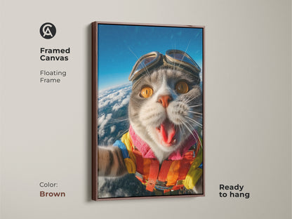 This framed canvas displays a skydiving cat. The floating frame is brown and ready to hang. The artwork adds a touch of whimsy. A great addition to any home or office. It is a funny animal art.