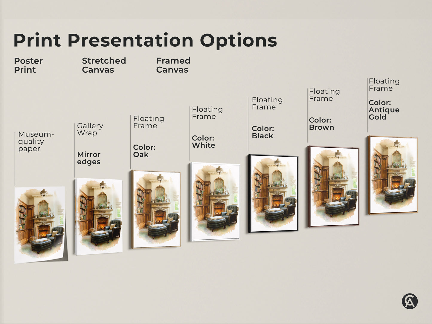 Explore various print presentation options for this classic study artwork. Choose from poster stretched or framed canvas. Gallery wrap and floating frame styles available. Find the perfect cozy library print to complement your home decor. Options include black brown antique gold and oak frames.