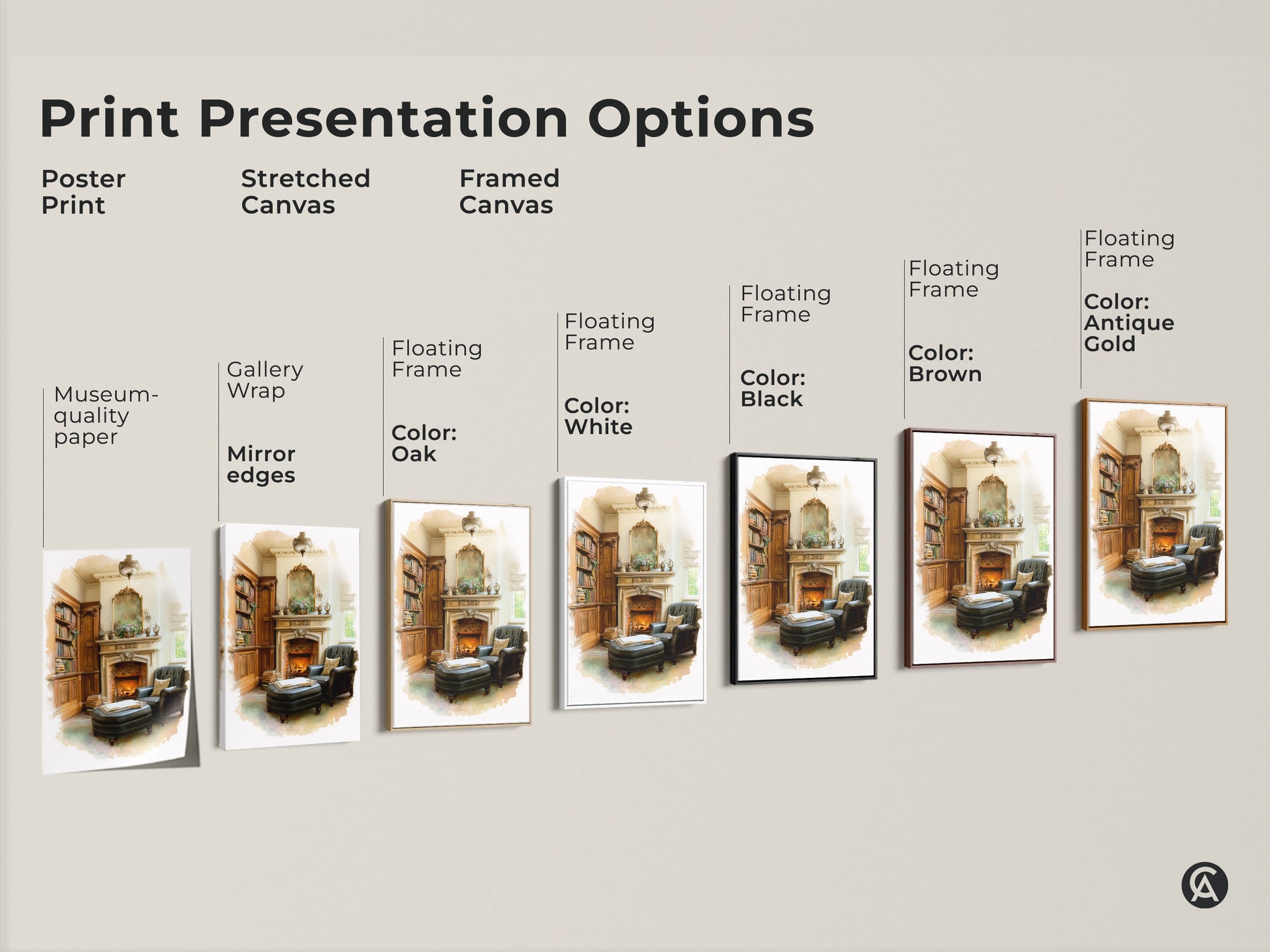 Explore various print presentation options for this classic study artwork. Choose from poster stretched or framed canvas. Gallery wrap and floating frame styles available. Find the perfect cozy library print to complement your home decor. Options include black brown antique gold and oak frames.