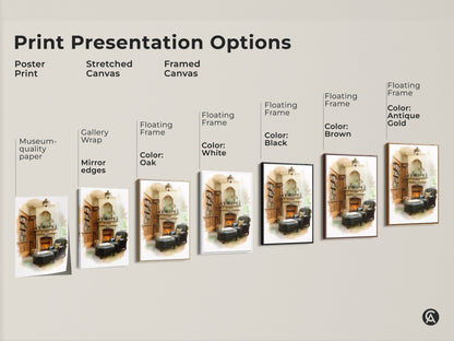 Explore various print presentation options for this classic study artwork. Choose from poster stretched or framed canvas. Gallery wrap and floating frame styles available. Find the perfect cozy library print to complement your home decor. Options include black brown antique gold and oak frames.