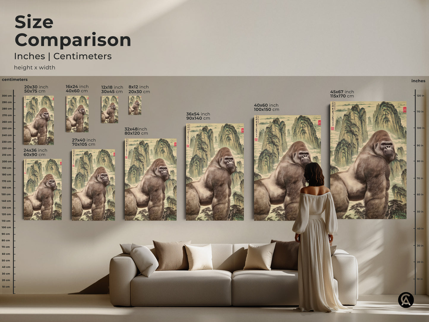 Size comparison of the mountain gorilla art print. Inches and centimeters are shown for height x width. This poster and canvas is available in multiple sizes. Eclectic animal artwork for your home. Chinese style wall decor.
