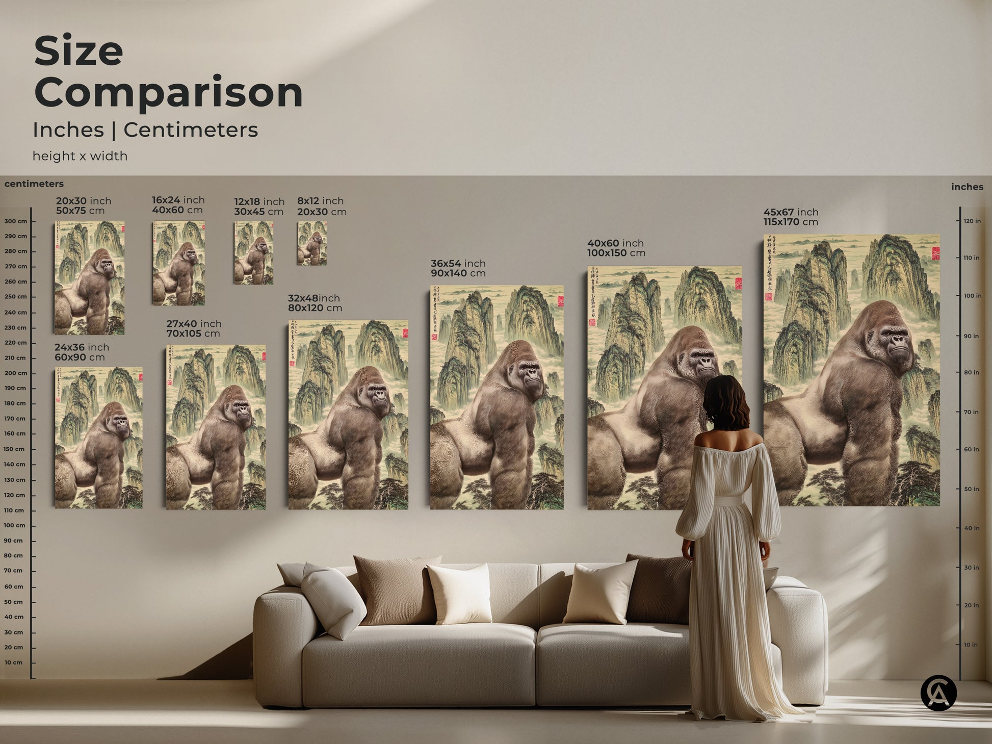 Size comparison of the mountain gorilla art print. Inches and centimeters are shown for height x width. This poster and canvas is available in multiple sizes. Eclectic animal artwork for your home. Chinese style wall decor.