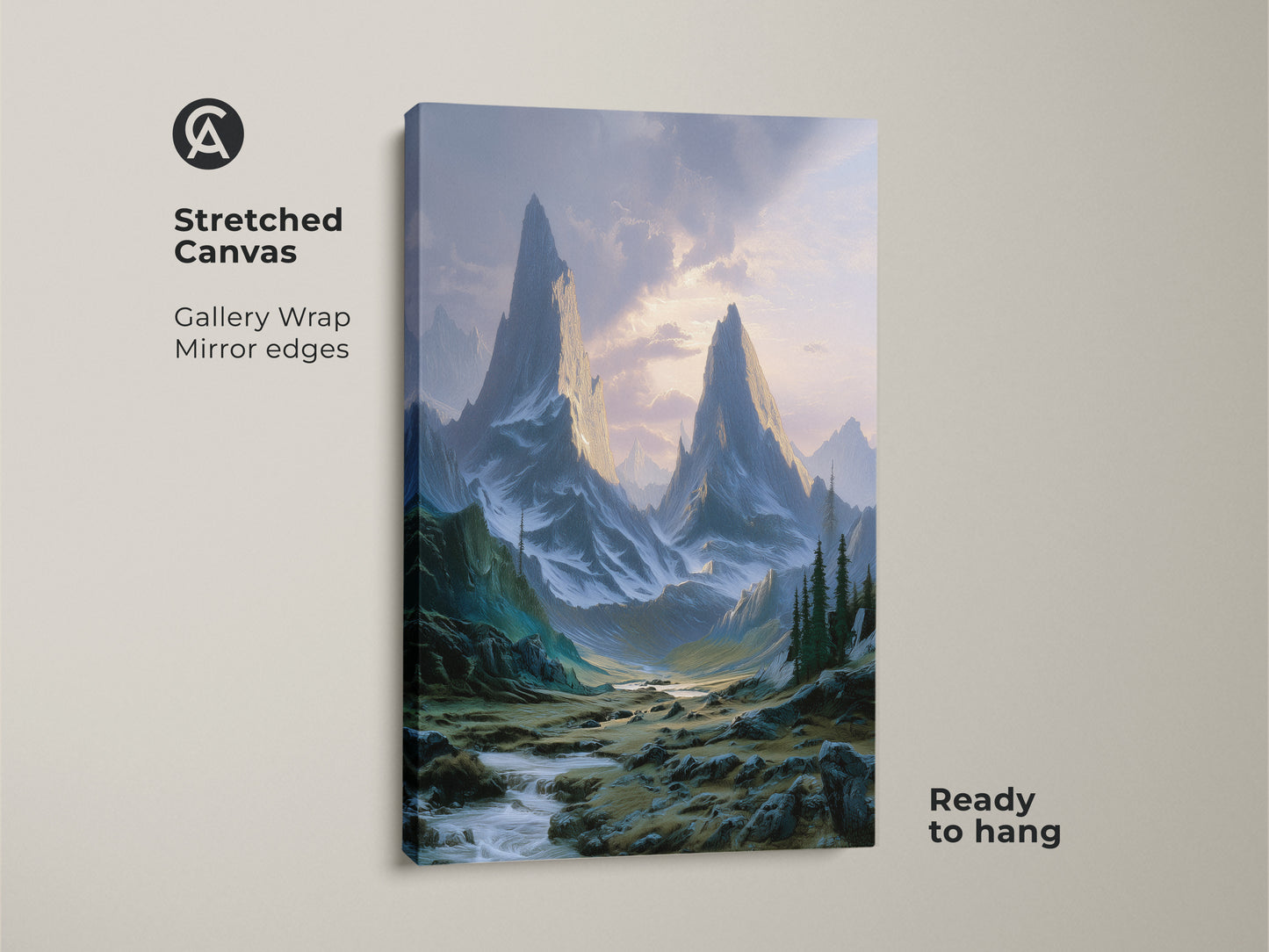 Stretched canvas showcasing mountain landscape art with a gallery wrap and mirror edges. This rustic cabin decor is ready to hang. The teal green blue art print captures epic mountain peaks and wilderness.