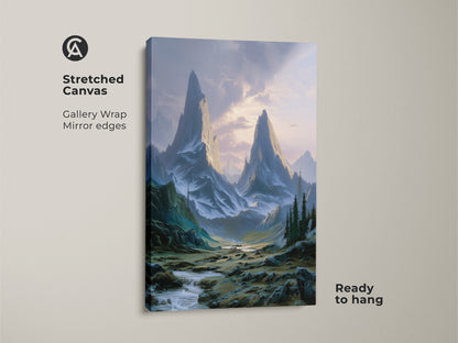 Stretched canvas showcasing mountain landscape art with a gallery wrap and mirror edges. This rustic cabin decor is ready to hang. The teal green blue art print captures epic mountain peaks and wilderness.