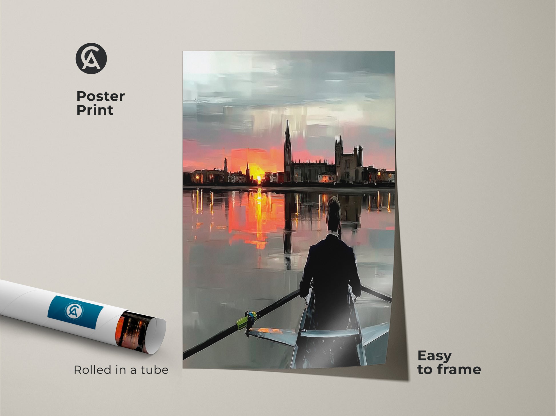 Poster print of a rower at sunset rolled in a tube. Impressionistic landscape art is easy to frame and display. The orange pink grey color palette is modern and stylish. This cityscape sunset print is perfect for office wall decor. It is also a thoughtful gift for a rower or athlete. The artwork is a contemporary piece.