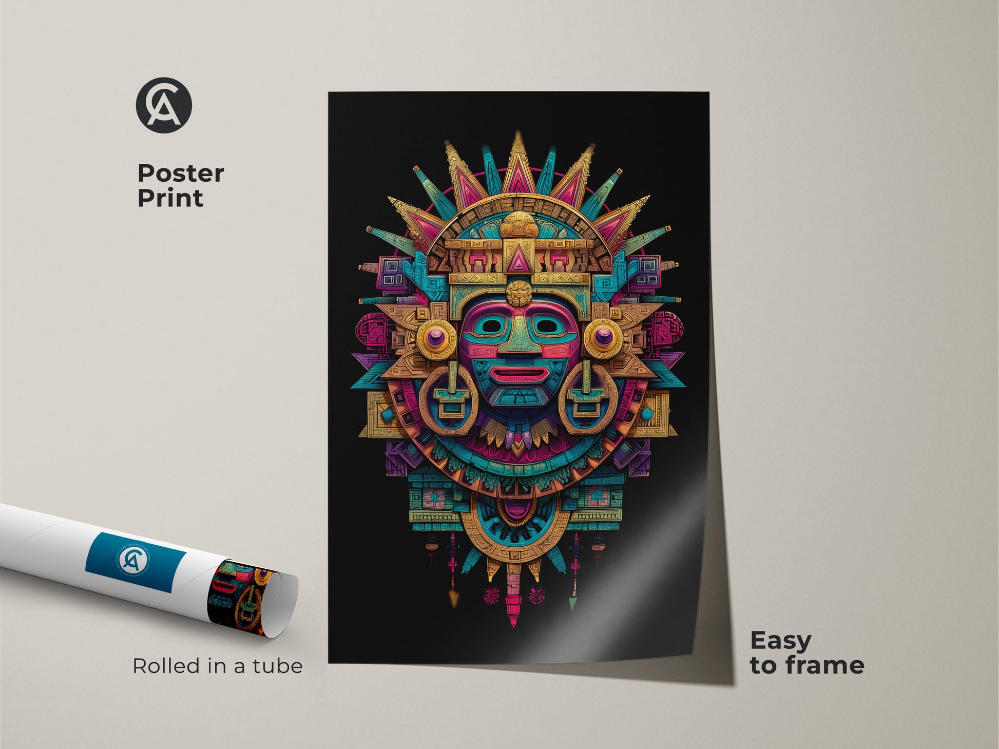 Poster print of a Mayan mask. The artwork is rolled in a protective tube. It is easy to frame. The poster features a colorful Aztec-inspired sunburst. A great option for affordable wall art.