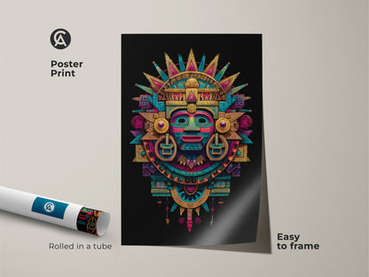 Poster print of a Mayan mask. The artwork is rolled in a protective tube. It is easy to frame. The poster features a colorful Aztec-inspired sunburst. A great option for affordable wall art.