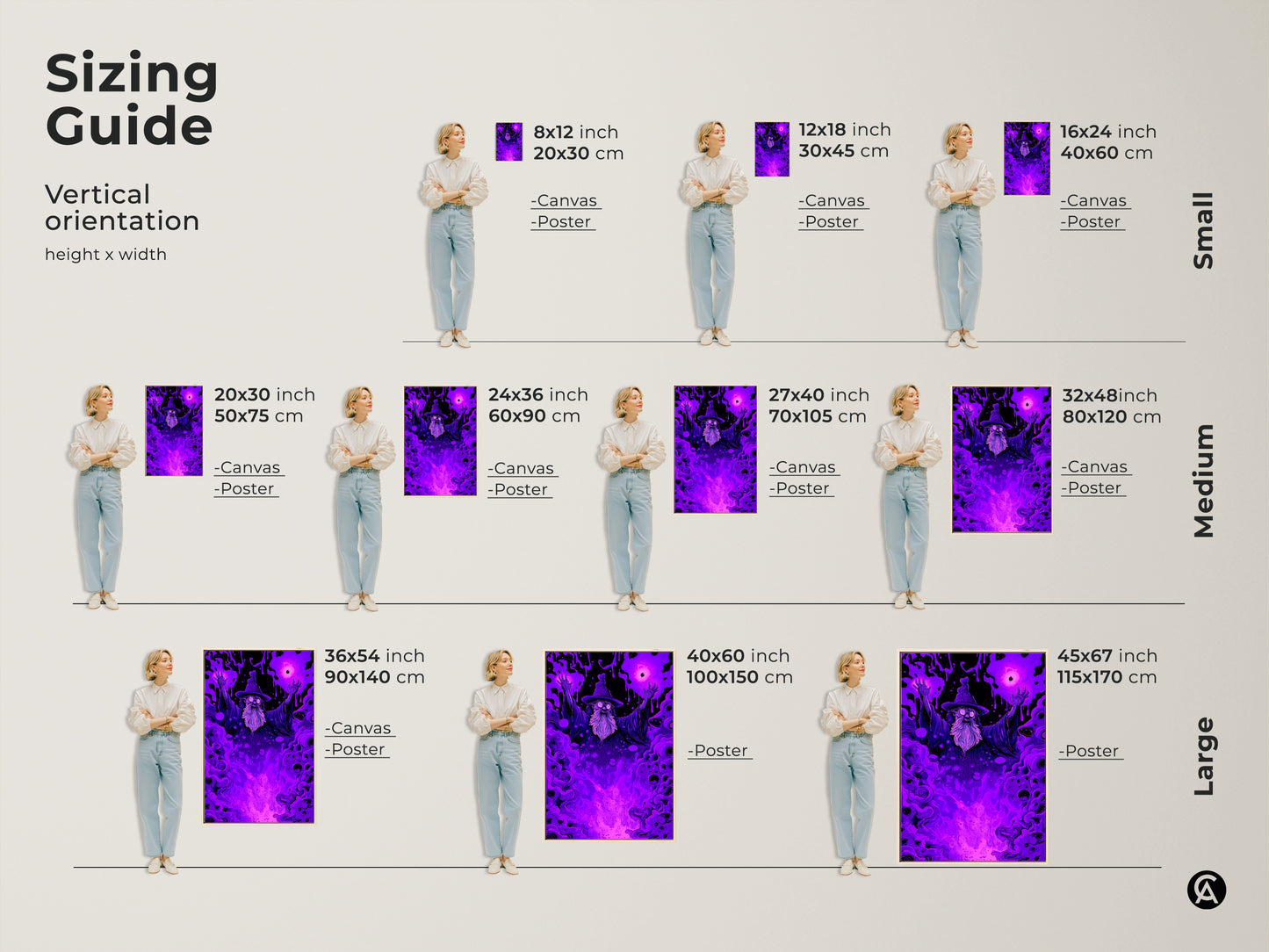 Sizing guide for vertical wizard art prints. Available in small medium and large sizes. Choose canvas or poster prints. Visualize the perfect fit for your home decor with fantasy art.