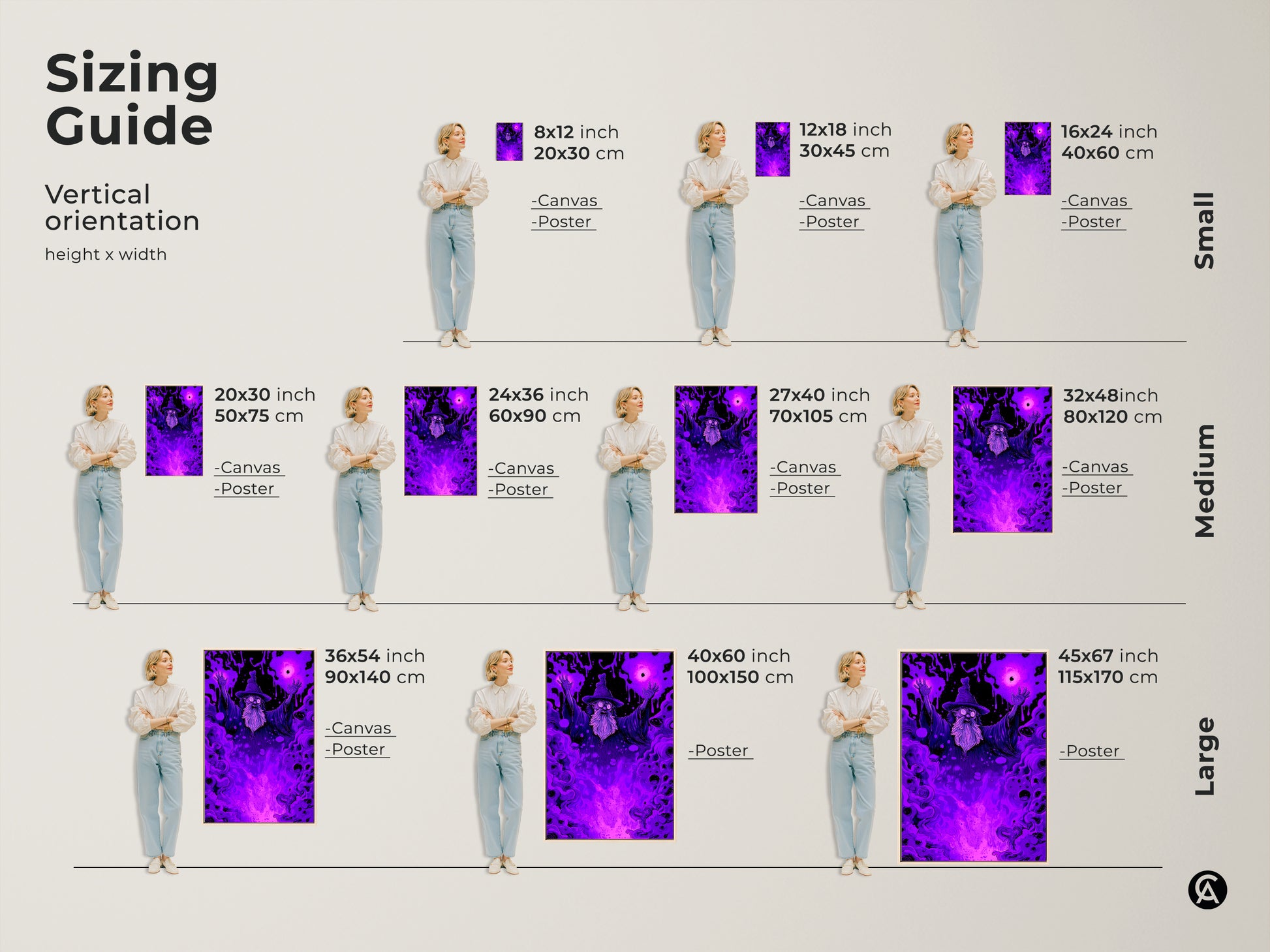 Sizing guide for vertical wizard art prints. Available in small medium and large sizes. Choose canvas or poster prints. Visualize the perfect fit for your home decor with fantasy art.