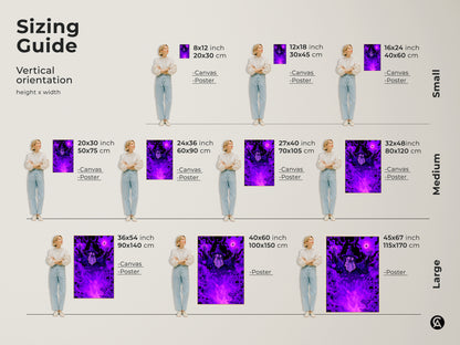 Sizing guide for vertical wizard art prints. Available in small medium and large sizes. Choose canvas or poster prints. Visualize the perfect fit for your home decor with fantasy art.