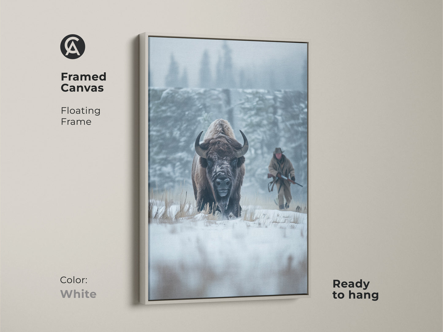 Framed canvas art of a bison in a snowy winter scene. The floating frame is white. The artwork shows a bison and hunter in a snowy field. Ready to hang for a clean modern look. Ideal for wildlife art collectors.