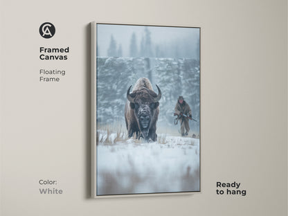 Framed canvas art of a bison in a snowy winter scene. The floating frame is white. The artwork shows a bison and hunter in a snowy field. Ready to hang for a clean modern look. Ideal for wildlife art collectors.