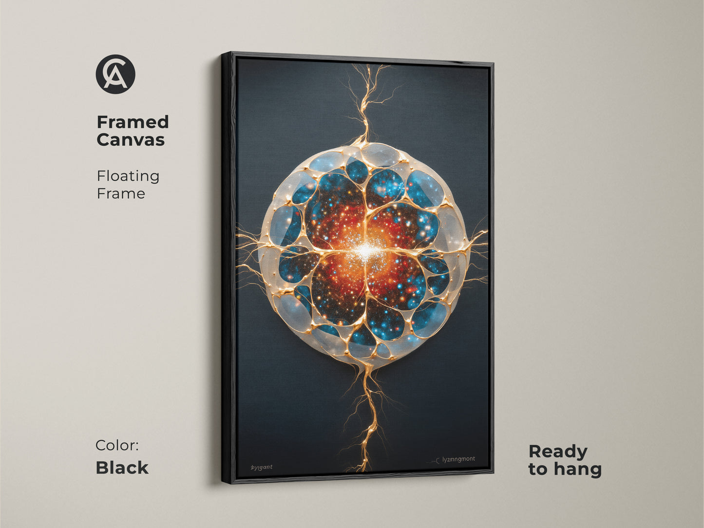 Framed in black abstract cosmic artwork. This generative galaxy canvas features a floating frame and is ready to hang. The print displays blue gold and orange hues. Ideal science fiction wall art. It is perfect for a modern office or as a unique gift for stargazers. Enhance your workspace with this contemporary art.