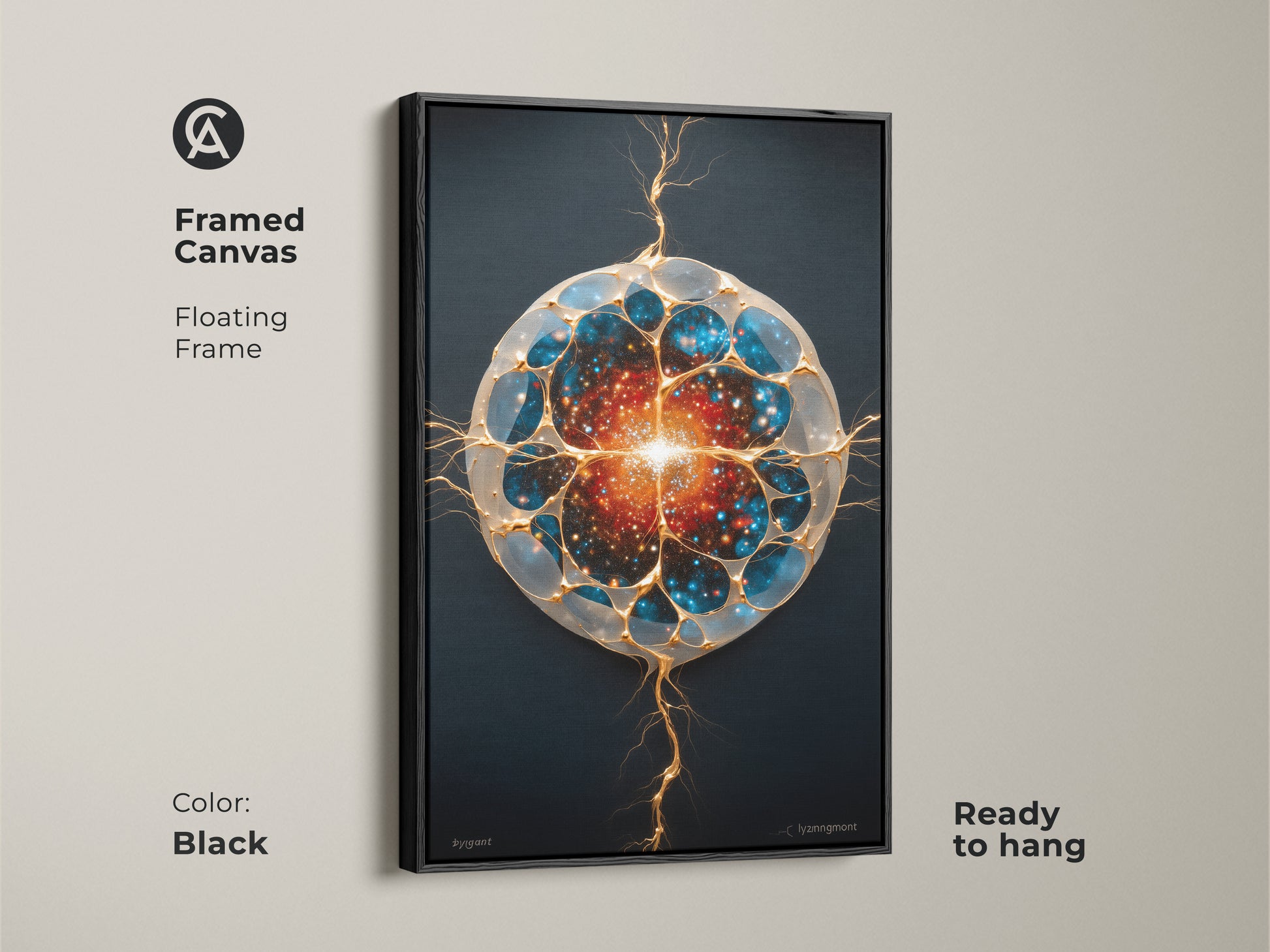 Framed in black abstract cosmic artwork. This generative galaxy canvas features a floating frame and is ready to hang. The print displays blue gold and orange hues. Ideal science fiction wall art. It is perfect for a modern office or as a unique gift for stargazers. Enhance your workspace with this contemporary art.