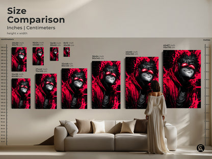 Compare sizes and visualize how this anime character art will look in your home. Available in inches and centimeters. This artwork is perfect for any space. See the art alongside a model and sofa for scale.