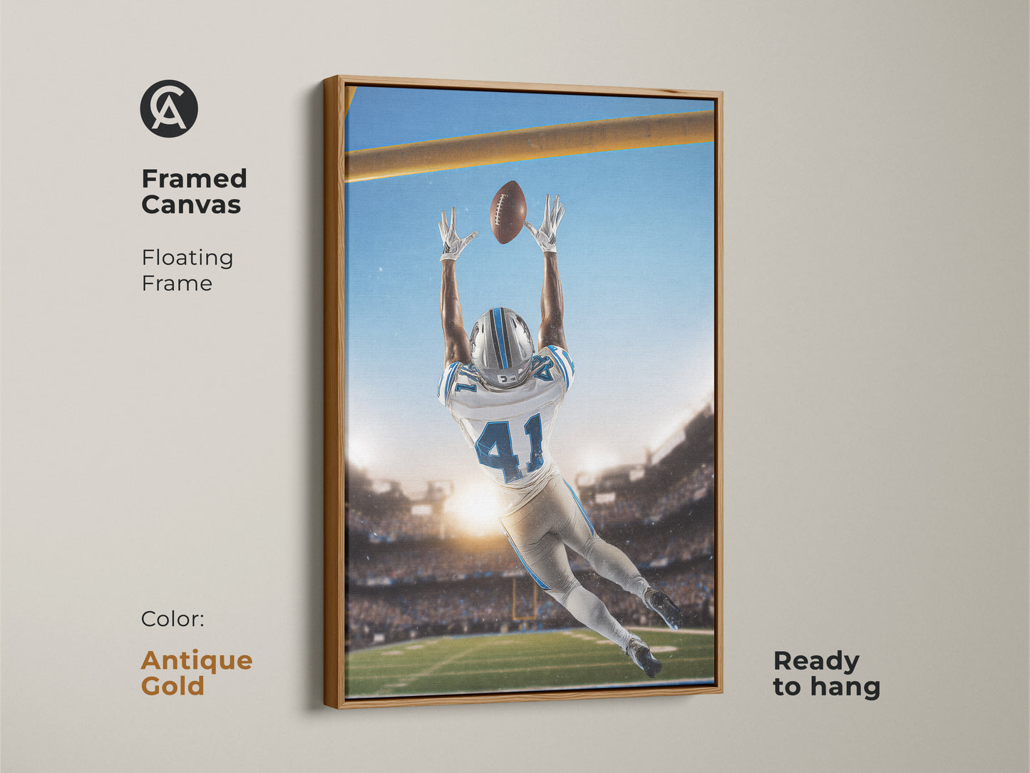 Add a touch of elegance with this framed football catch canvas in an antique gold floating frame. Ready to hang and enjoy. A unique sports action print for your wall.