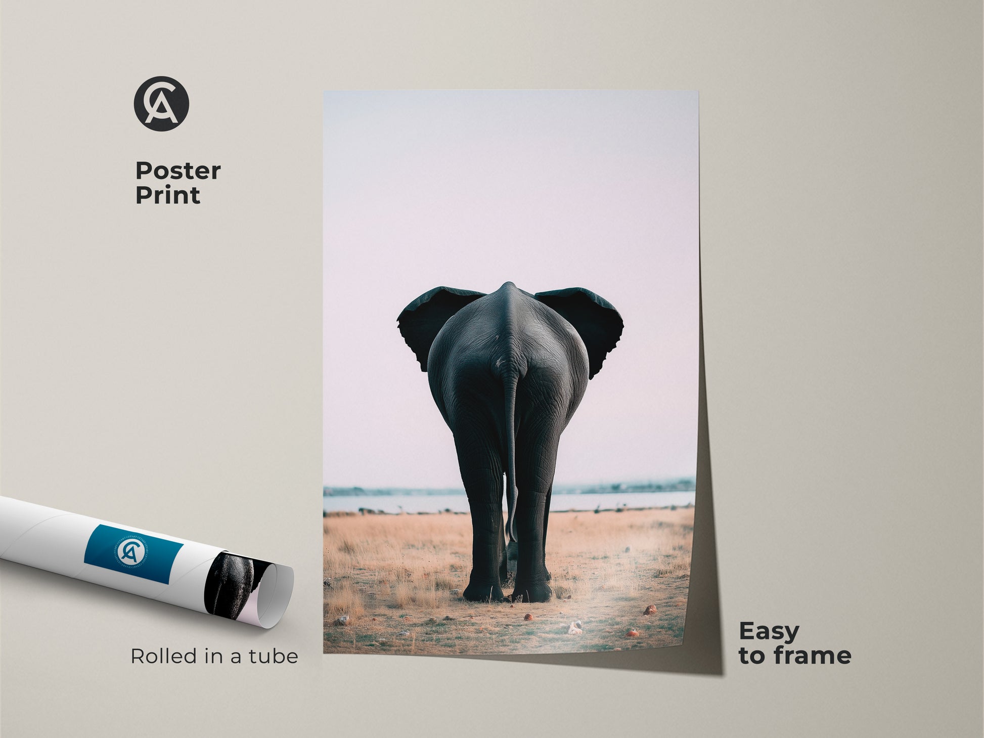 Poster print of an elephant butt. This safari wildlife canvas print offers easy framing. Rolled in a tube for protection this photorealistic elephant art is ready to display. The contemporary animal decor suits any modern space. A minimalist savanna art piece that brings the wild into your home. Perfect for animal lovers.