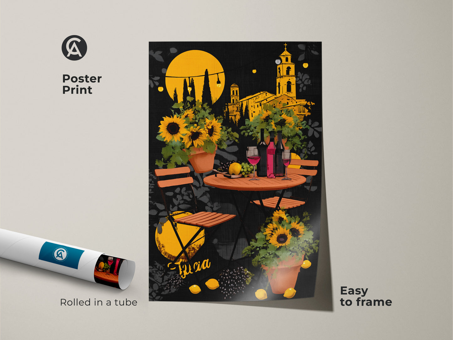 Poster print showcasing an Italian cafe with sunflowers and wine bottles rolled in a tube for easy framing. The yellow and orange folk art adds warmth. A great housewarming gift for wine enthusiasts this eclectic kitchen art brings a touch of Tuscany.