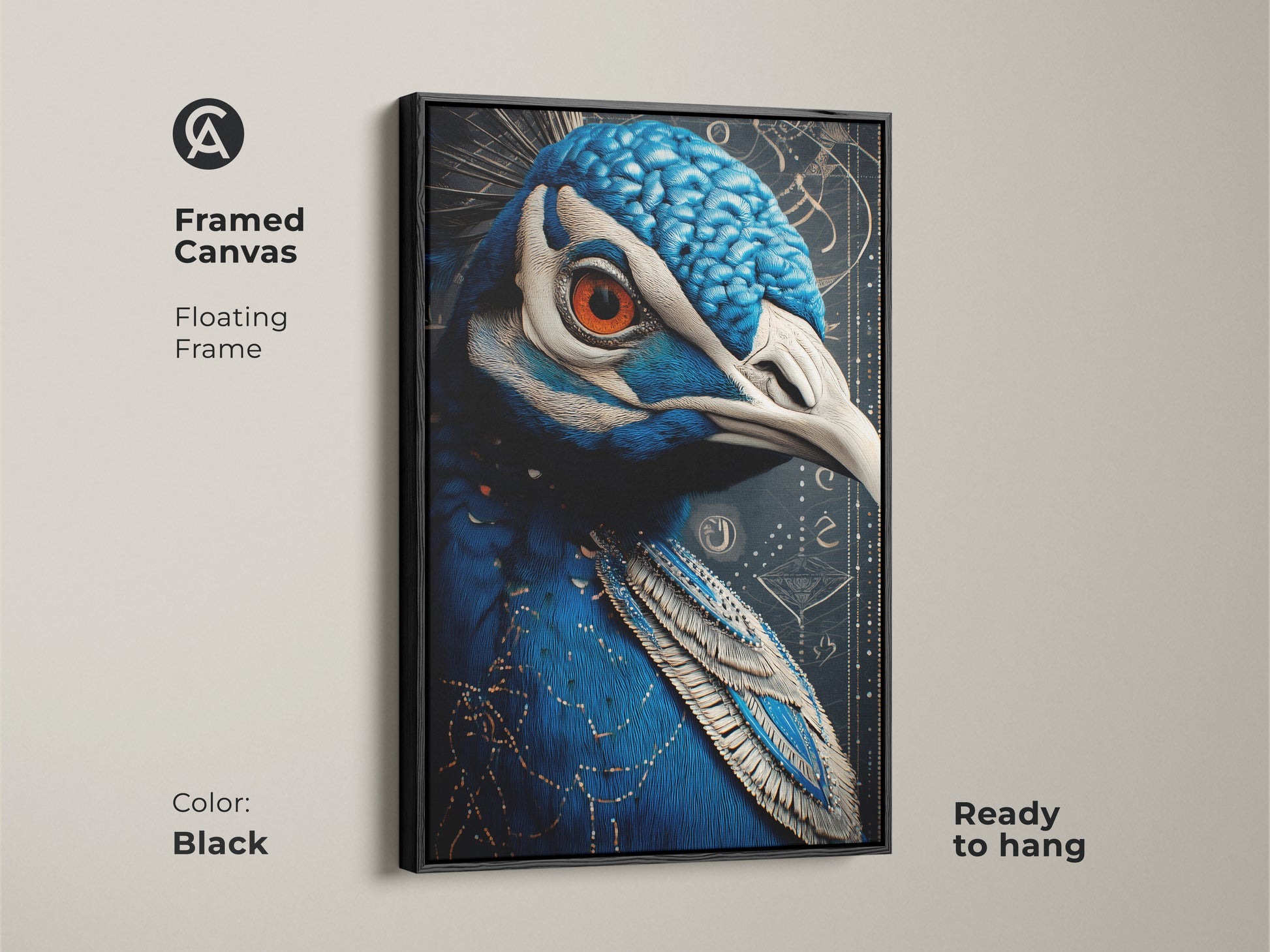 Black framed canvas of an Art Nouveau peacock. The floating frame adds a modern touch. The canvas is ready to hang. Blue and orange artwork shows the detailed feathers of the peacock. Eclectic bird art for nature and animal lovers.