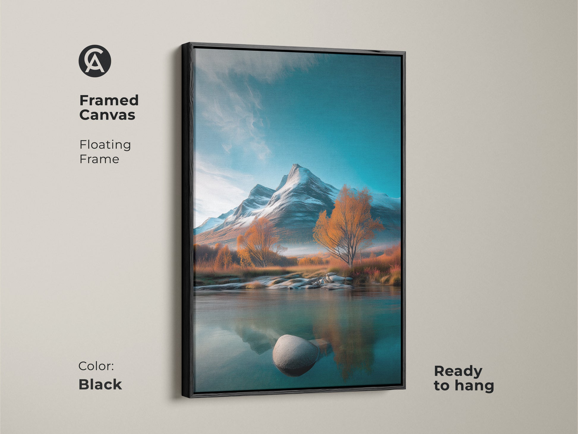 Framed canvas artwork shows a realistic mountain river scene. The black floating frame enhances the teal blue and amber tones. This rustic wall decor is ready to hang for any room.