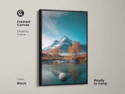 Framed canvas artwork shows a realistic mountain river scene. The black floating frame enhances the teal blue and amber tones. This rustic wall decor is ready to hang for any room.