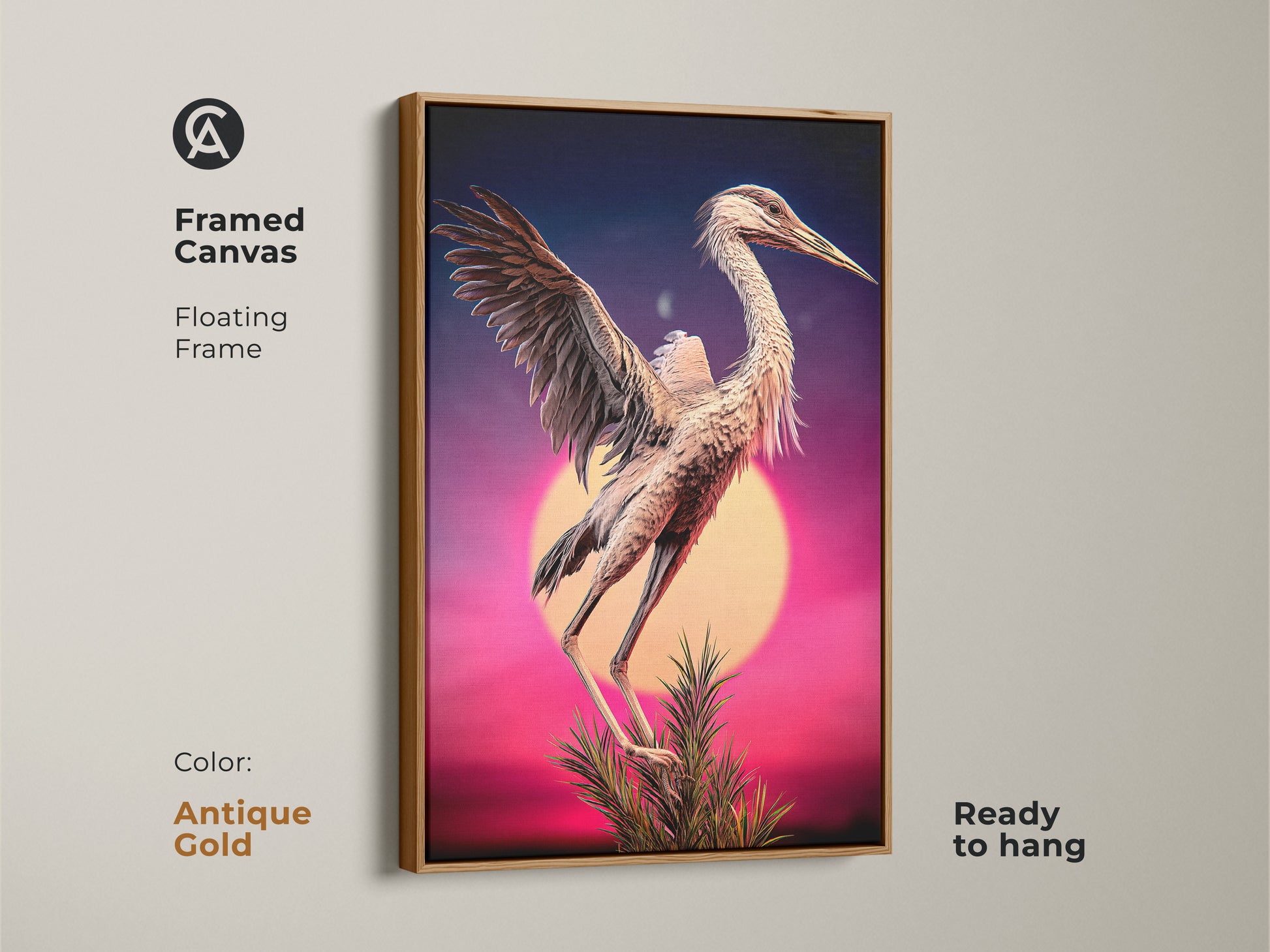 A framed canvas shows off the heron bird artwork. An antique gold floating frame adds a touch of elegance. The wildlife habitat wall art complements any space. A unique home decor print for nature enthusiasts. This eclectic artwork is a perfect gift for bird watchers.