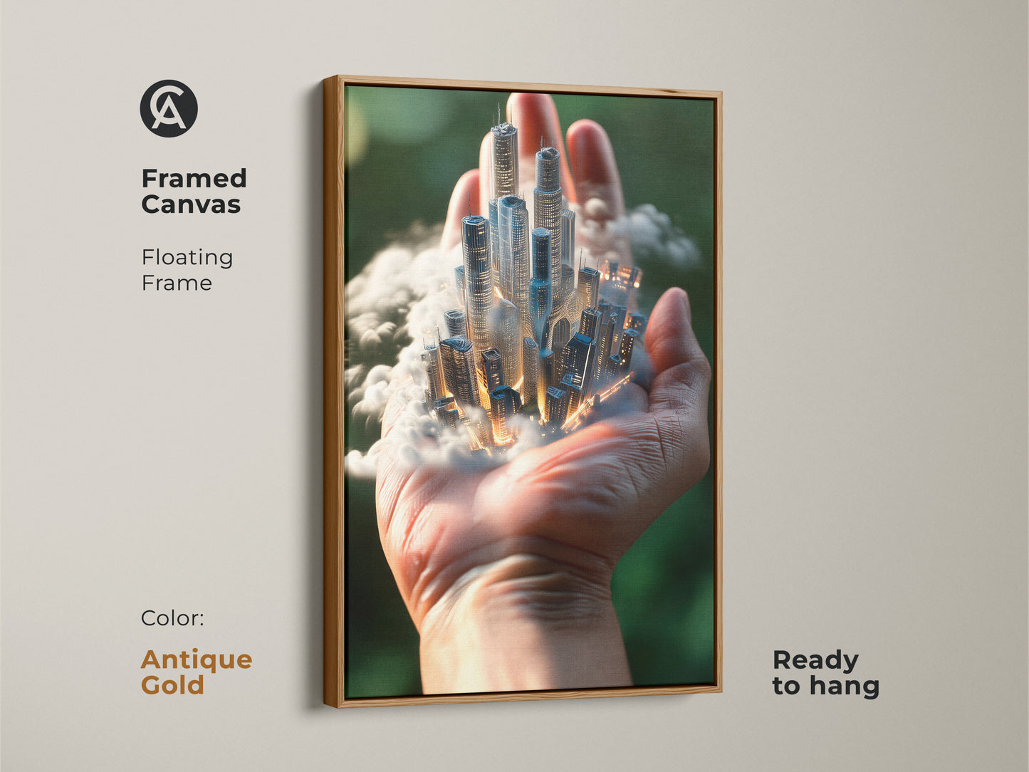 Framed canvas art shows a surreal cityscape in hand with an antique gold floating frame. The artwork features futuristic architecture. Ready to hang for a unique office decor look.