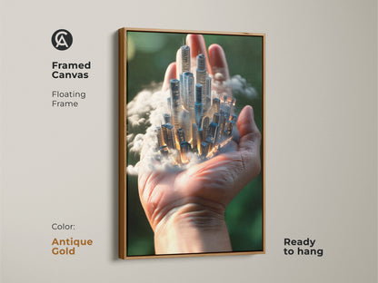 Framed canvas art shows a surreal cityscape in hand with an antique gold floating frame. The artwork features futuristic architecture. Ready to hang for a unique office decor look.