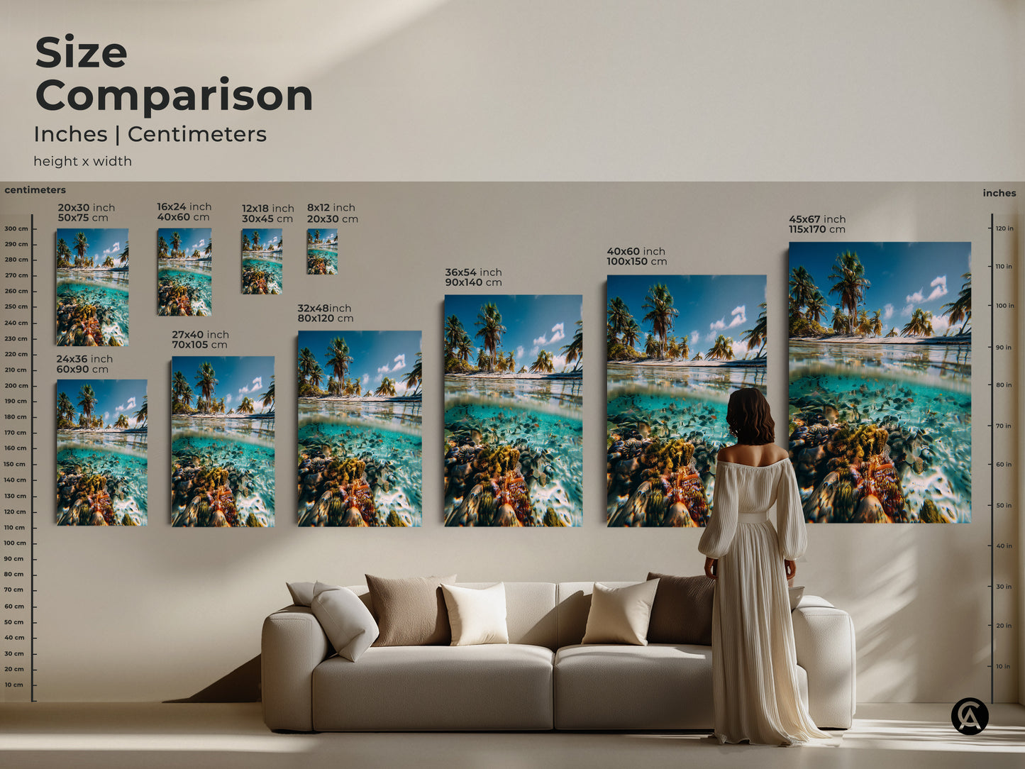Size comparison of split view ocean artwork in inches and centimeters. Tropical beach scene features palm trees and a coral reef. Canvas and poster prints are shown in various sizes to visualize scale in a living room setting. Enhance your coastal home decor with this ocean scene.