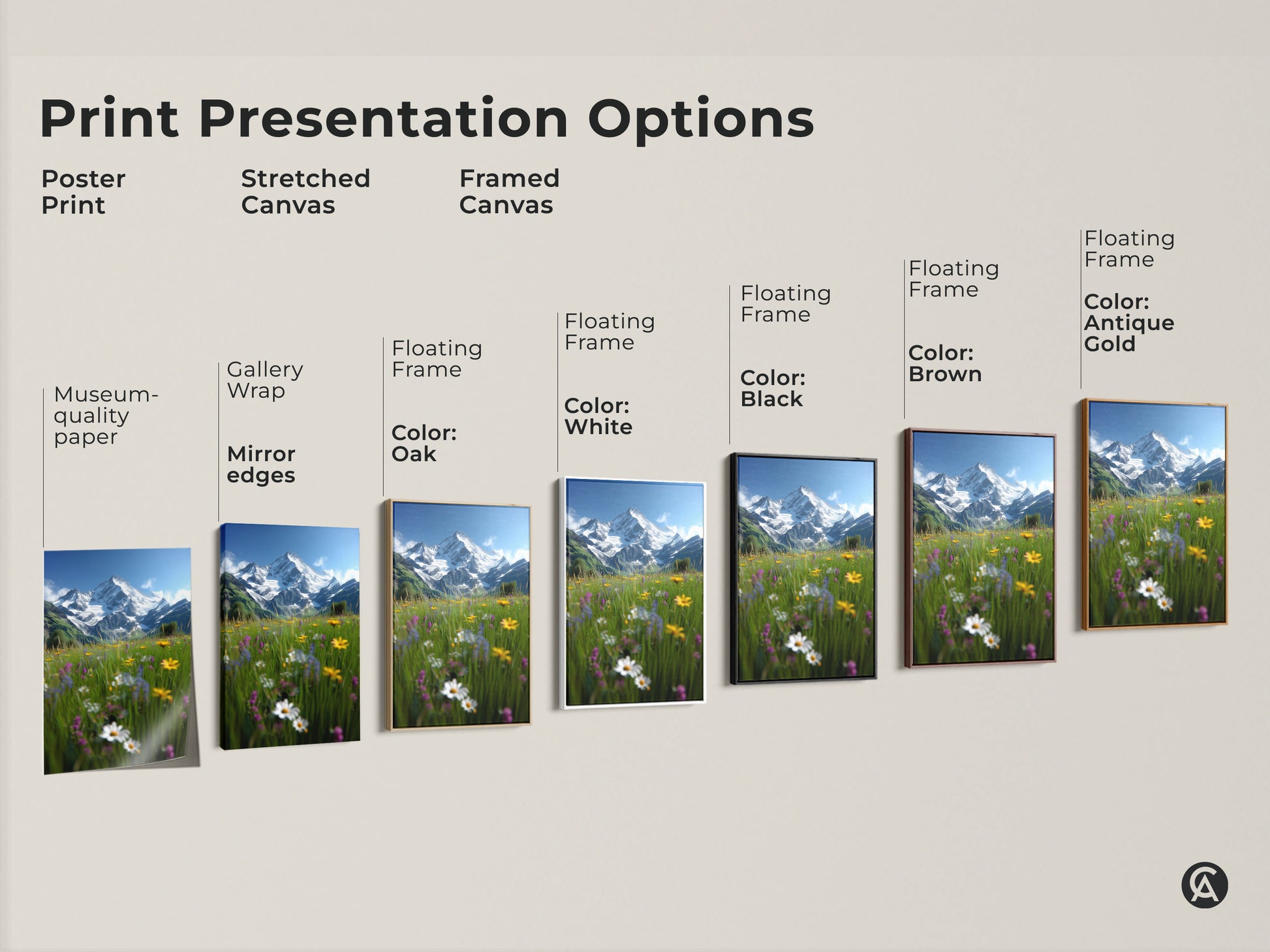 Explore print presentation options with this alpine flowers and snow mountains artwork. Choose from poster prints stretched canvas or framed canvas. Each option highlights the impressionistic landscape. Find the perfect style to complement your rustic home decor. Ideal art housewarming gift.