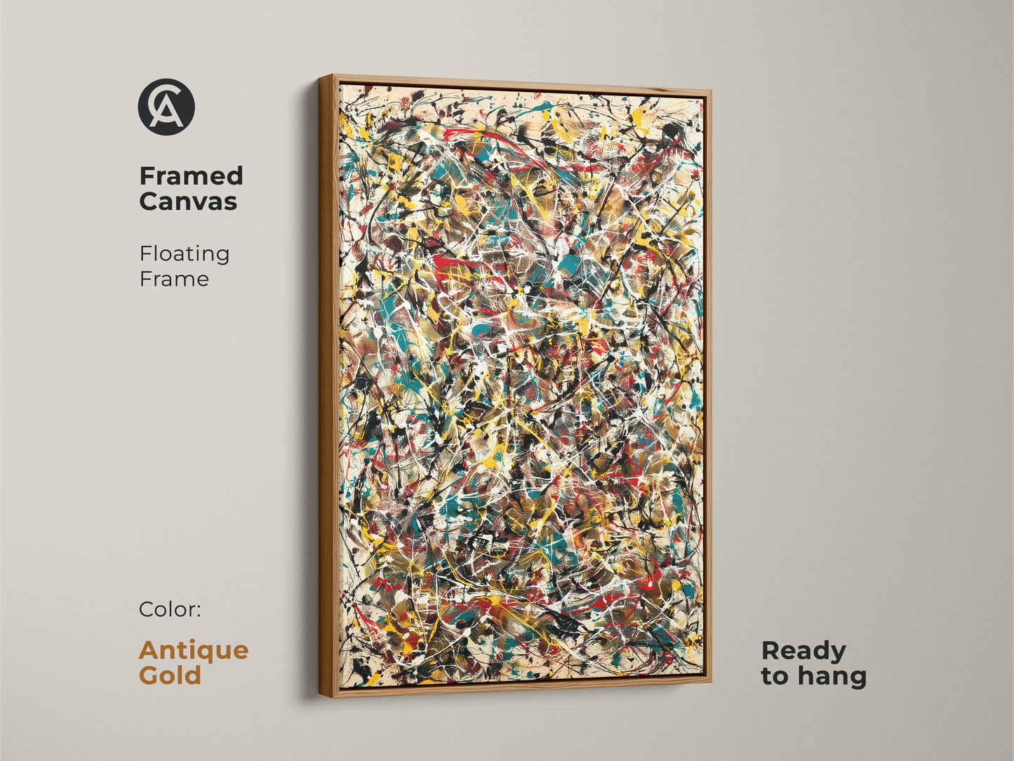 Abstract expressionist artwork showcased in an antique gold floating frame. This framed canvas print is ready to hang. Its vibrant splatters add an elegant and modern touch to any living space.