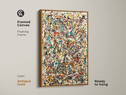 Abstract expressionist artwork showcased in an antique gold floating frame. This framed canvas print is ready to hang. Its vibrant splatters add an elegant and modern touch to any living space.