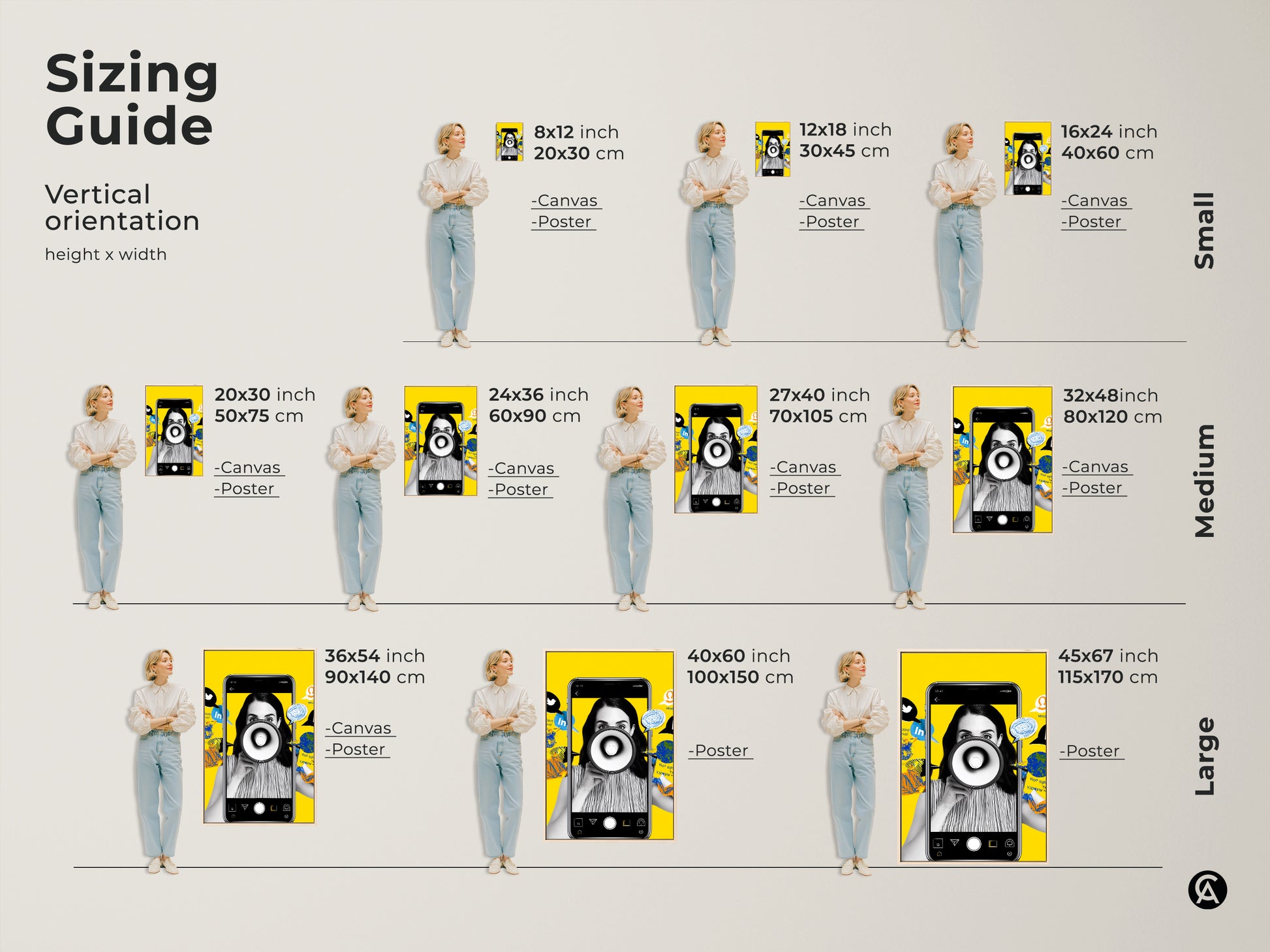 Sizing guide for social media art prints. This vertical orientation artwork looks great in various sizes. Available as canvas or poster prints. Perfect for office decor. Find the ideal size to suit your space. A thoughtful gift for marketing professionals who appreciate contemporary art.
