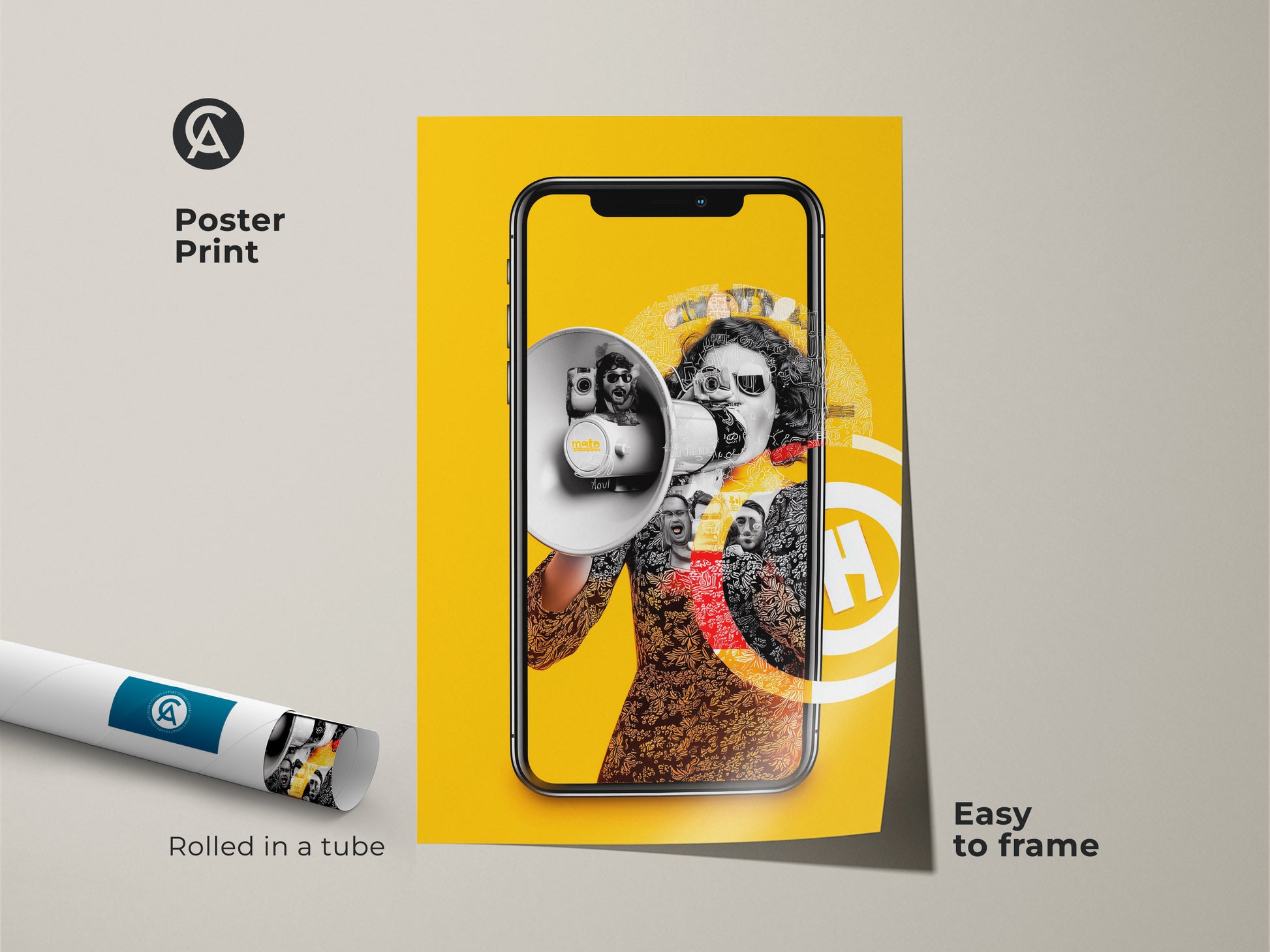 Poster print of a surrealist collage. It features pop culture elements like a megaphone and smartphone on a bright yellow background. Easy to frame this technology-themed artwork adds an eclectic touch to any space. Ideal for media lovers.