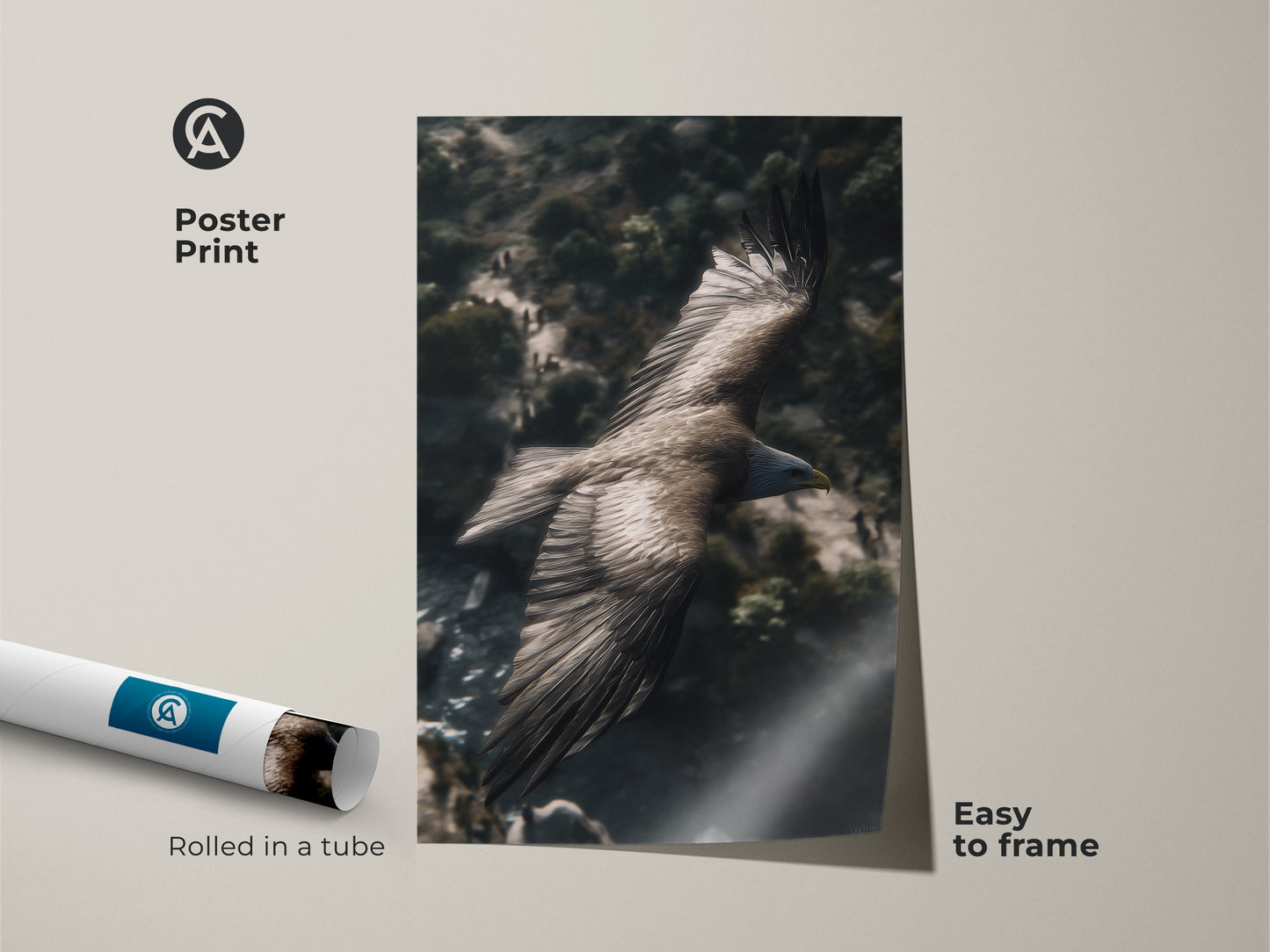 This realistic eagle canvas is a wildlife art print poster. Rolled in a tube it's easy to frame. The rustic mountain landscape artwork makes a thoughtful gift for a bird enthusiast.
