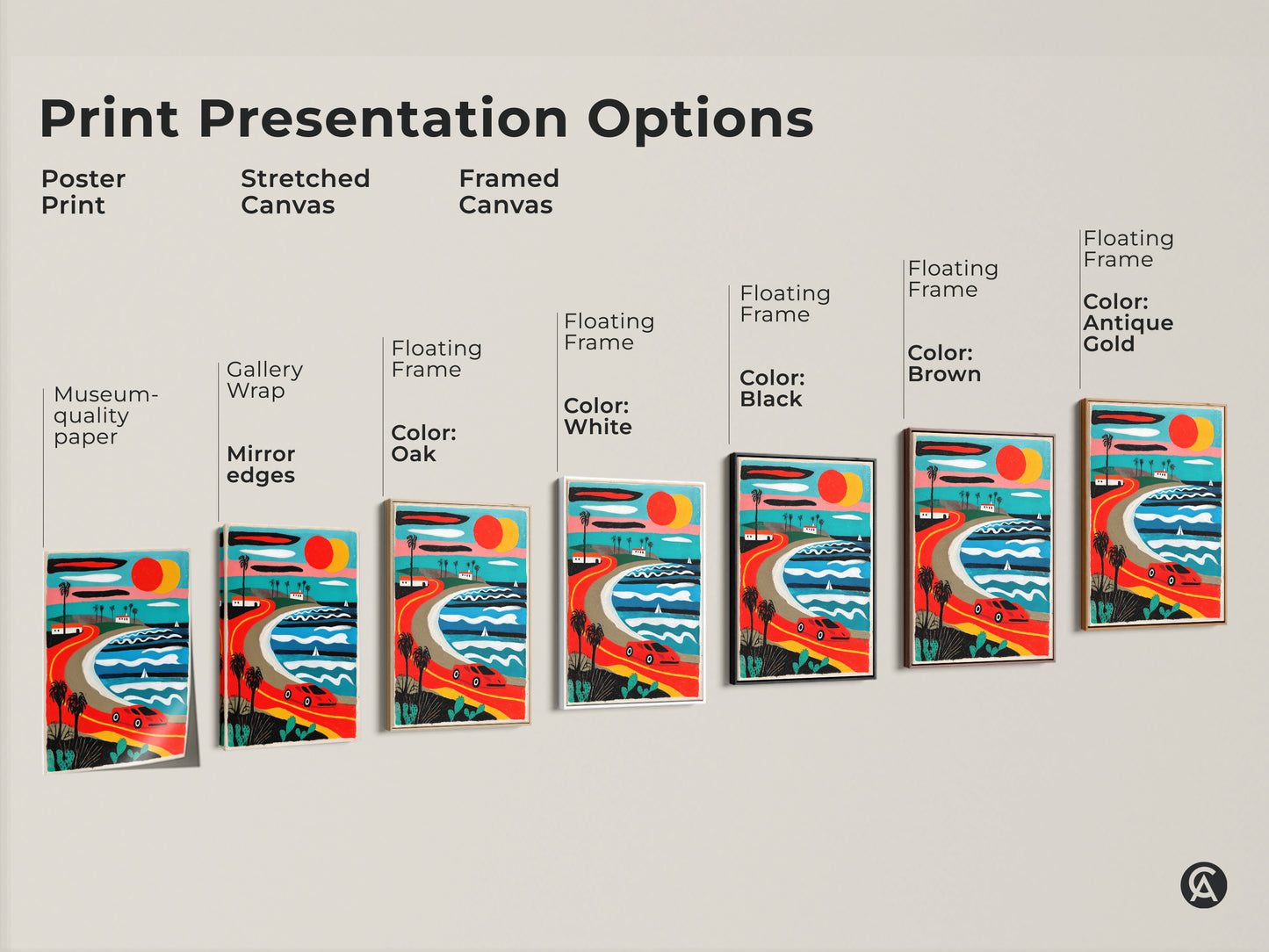 Presentation options for a coastal road trip art print. Choices include poster stretched and framed canvas with black brown antique gold and oak frames. The mid-century modern landscape is perfect for car and travel enthusiasts.