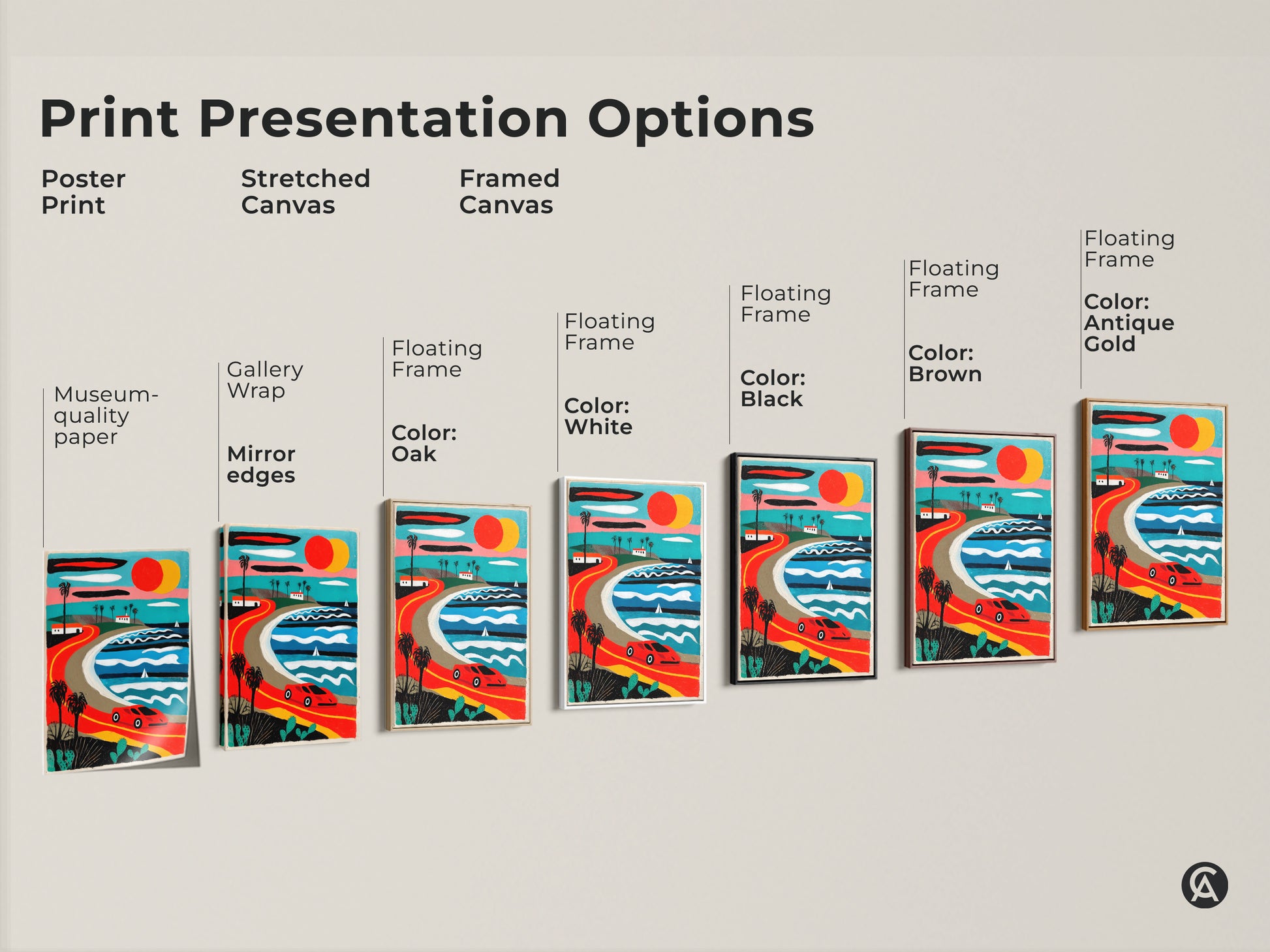 Presentation options for a coastal road trip art print. Choices include poster stretched and framed canvas with black brown antique gold and oak frames. The mid-century modern landscape is perfect for car and travel enthusiasts.