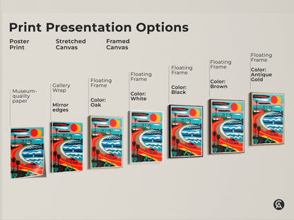 Presentation options for a coastal road trip art print. Choices include poster stretched and framed canvas with black brown antique gold and oak frames. The mid-century modern landscape is perfect for car and travel enthusiasts.
