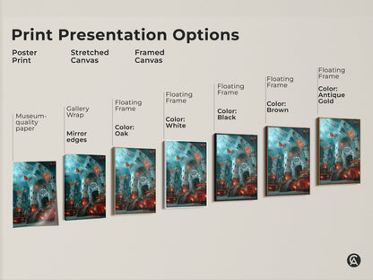 Find the perfect fit with our sizing guide for this fantasy art print. Visualize how the surreal architecture canvas art looks in various dimensions. From small to large this teal blue and red artwork transforms any room. Explore sizes and bring butterfly art into your space today.