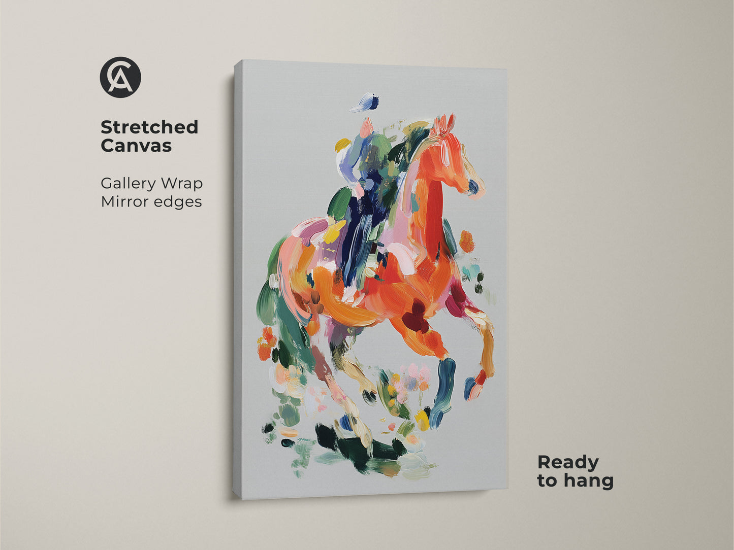 Gallery wrapped canvas print of an abstract horse. The vibrant orange and coral artwork is ready to hang. This contemporary equestrian art adds a splash of color to any room. The bold brushstrokes and eclectic style make it a unique statement piece. A perfect gift for animal lovers and art collectors.