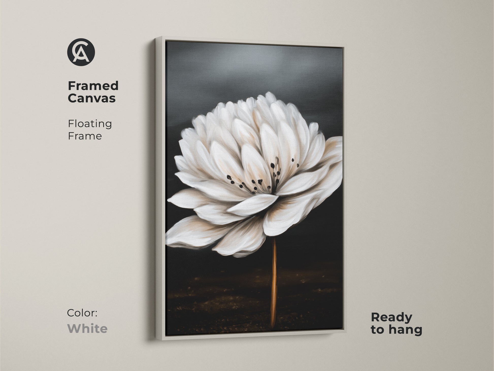 White framed canvas art featuring a realistic white flower. This minimalist botanical artwork adds a contemporary touch. Ready to hang and perfect for a sophisticated home decor.