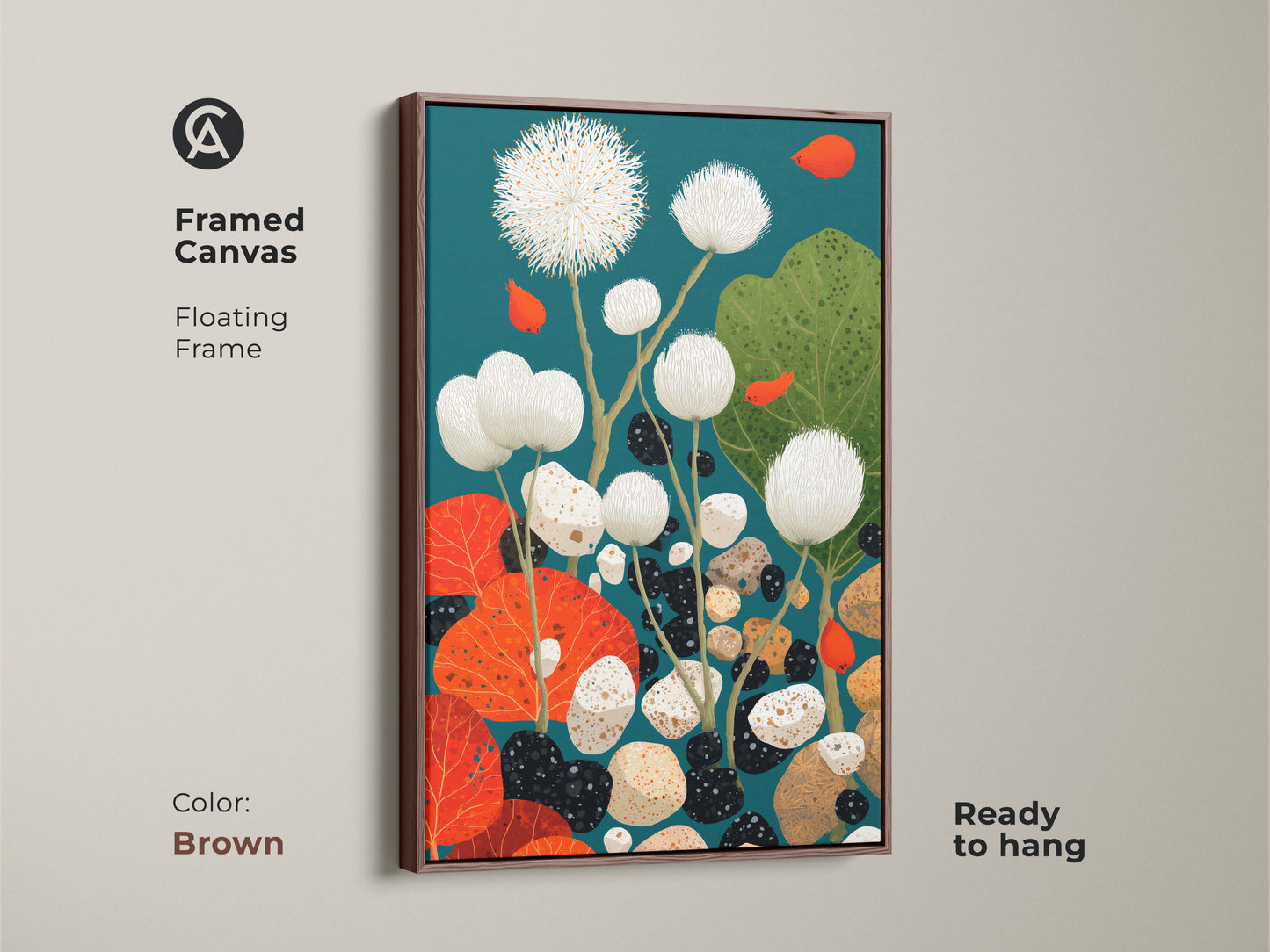 Framed abstract botanical canvas in a brown floating frame. The mid-century modern dandelion and pebble art brings nature indoors. Teal and orange tones enhance the artwork for any room.