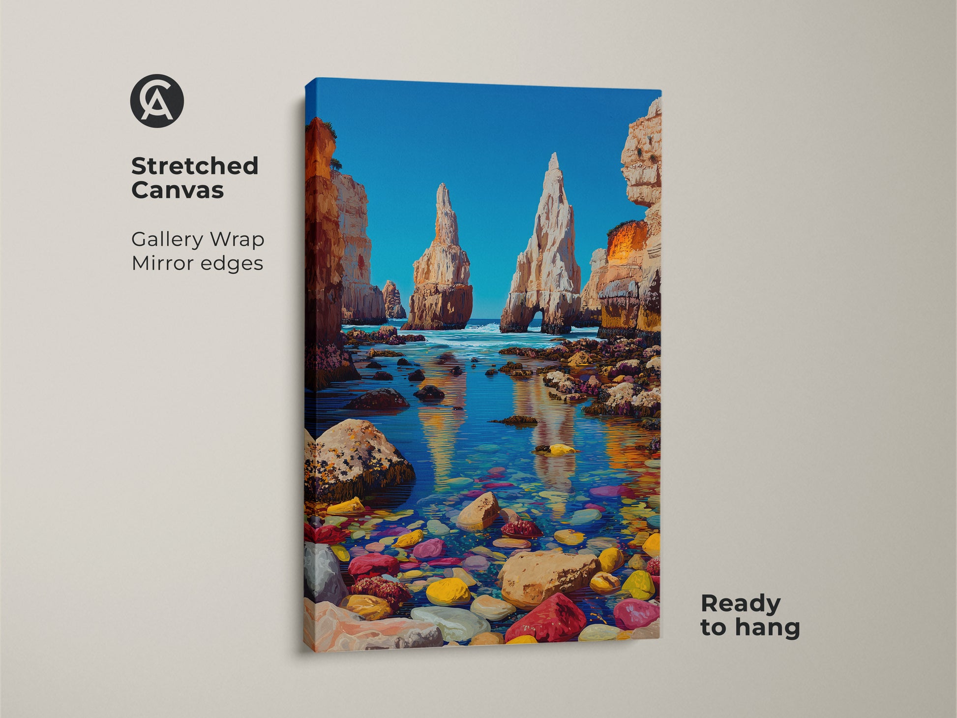 Stretched canvas gallery wrap of coastal cliffs wall art. The ocean landscape canvas print has colorful beach pebbles. This artwork is great entry hall coastal decor. A perfect housewarming gift for a beach lover. The canvas is ready to hang.