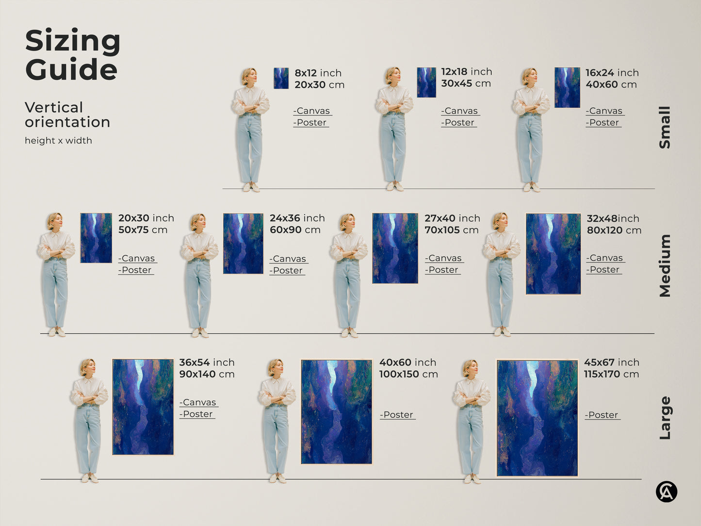Sizing guide for vertical abstract fluid art prints. Visualize canvas and poster sizes from small to large. See how deep blue purple teal artwork fits in your space. Perfect for bedroom living room decor.