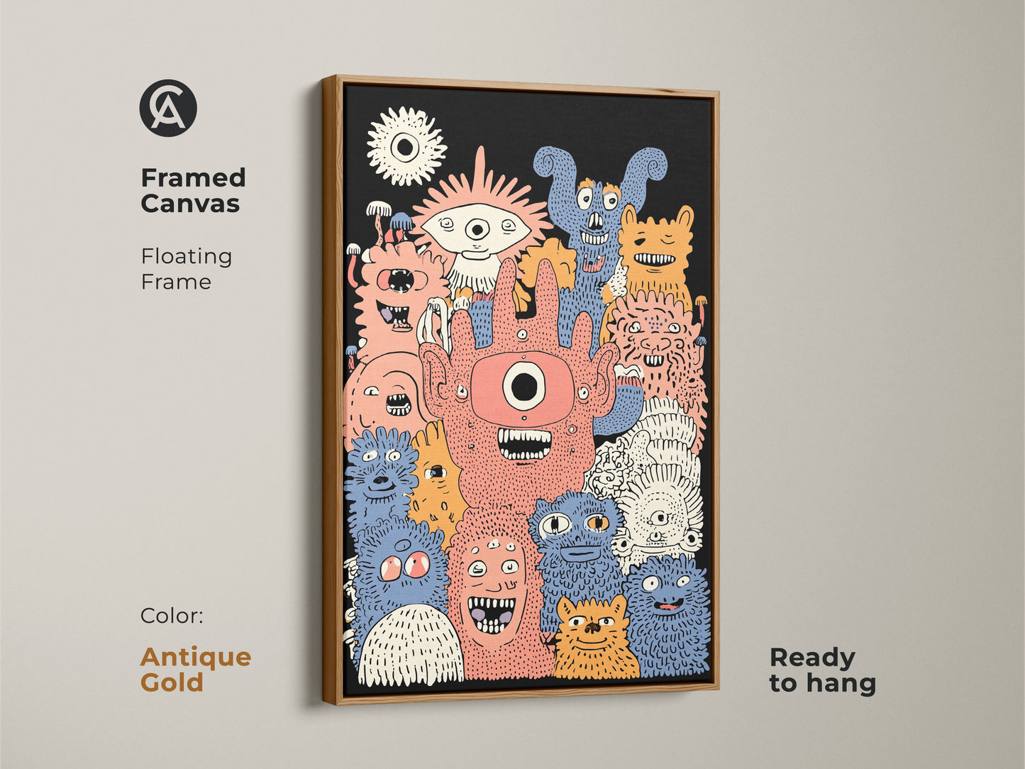 Framed canvas artwork showcasing doodle style monsters. It has an antique gold floating frame and is ready to hang. This eclectic kids room decor features coral orange and blue art. It is a unique monster illustration for children.